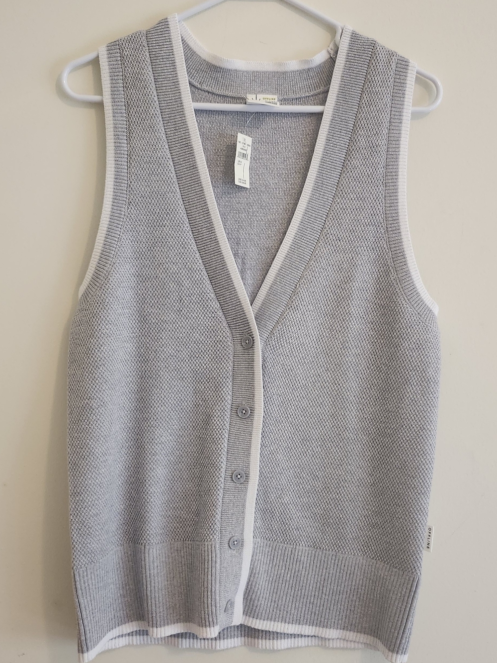 aerie Light Gray Sleeveless V-Neck Button Front Sweater Vest with White Trim